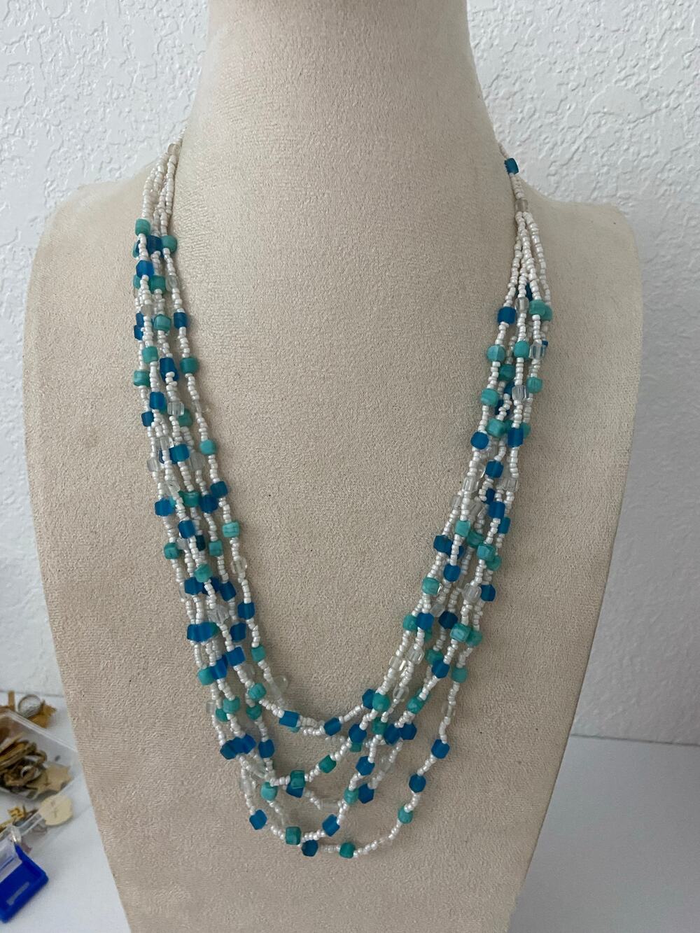 Teal and white layered beaded necklace